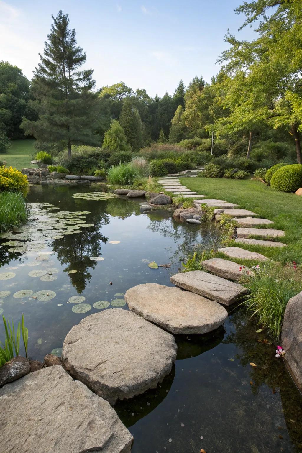 A backyard pond featuring large stepping stones that form pathways.
