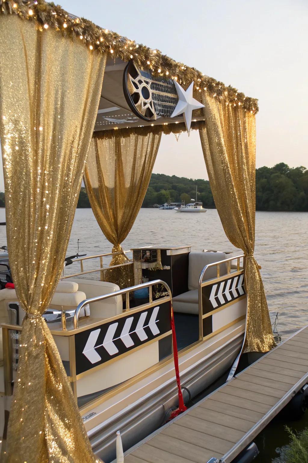 Hollywood-themed pontoon sparkling with glamour and glitter.