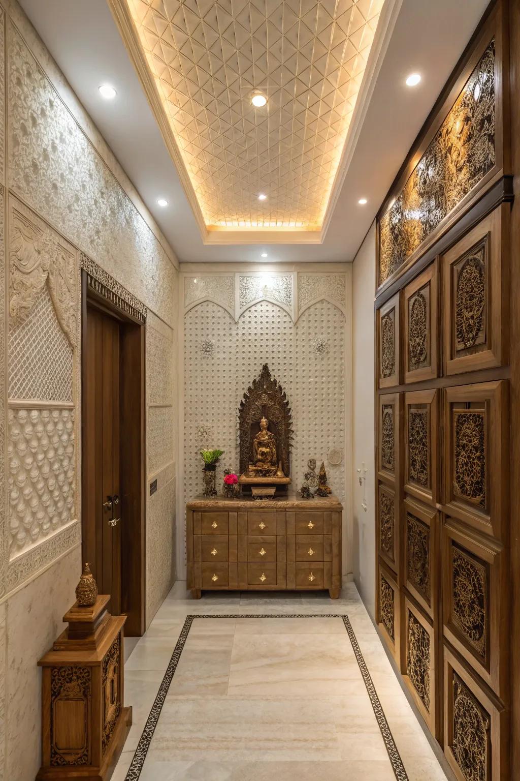 Textured walls bring a unique visual and tactile experience within the pooja space.