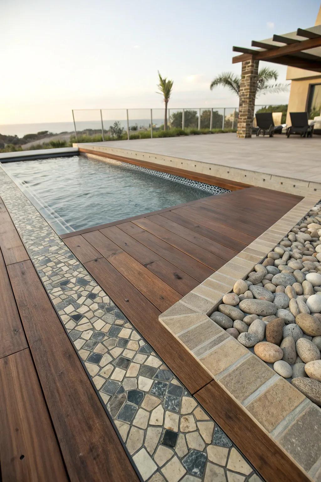 Combining materials brings texture and fascination to pool decks.