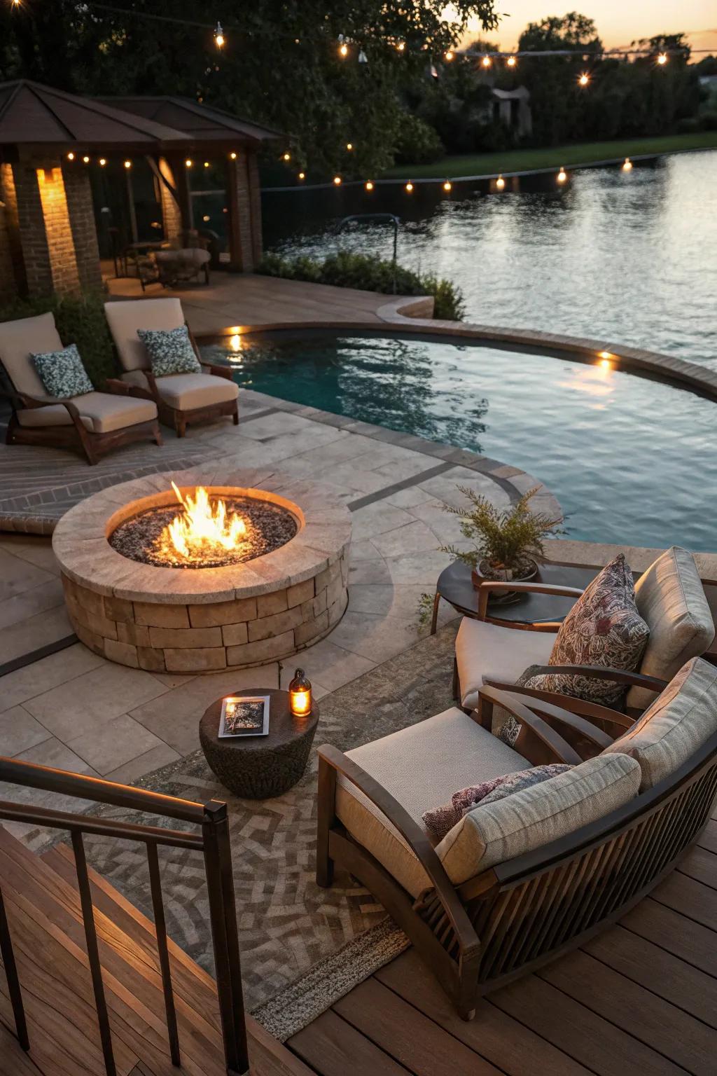 Enjoy your pool deck year-round with the warmth of a flame feature.