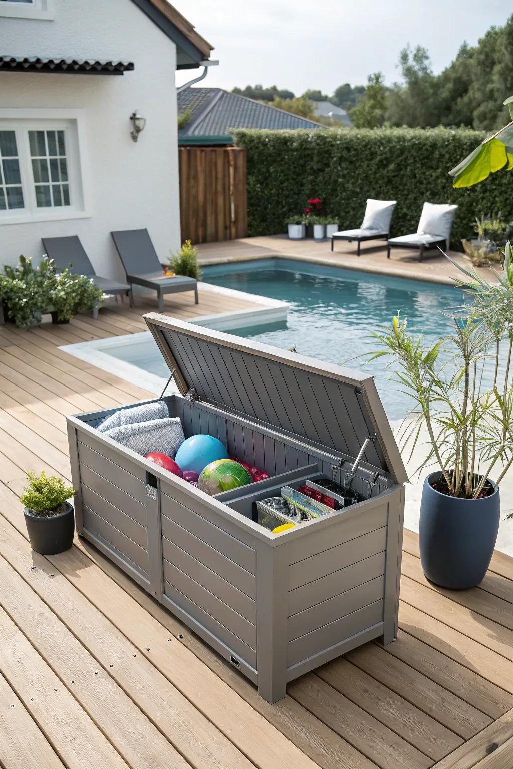 Deck boxes affording subtle storage and supplementary seating.