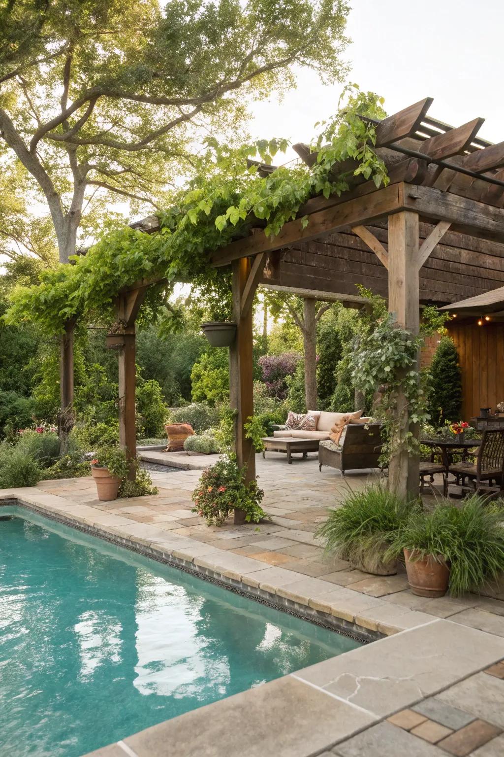 A pool enhanced with a rustic pergola providing shaded comfort.