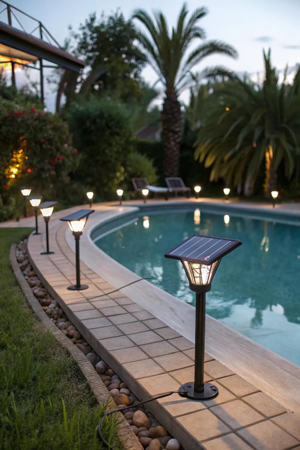Solar lights are a sustainable selection for poolside illumination.