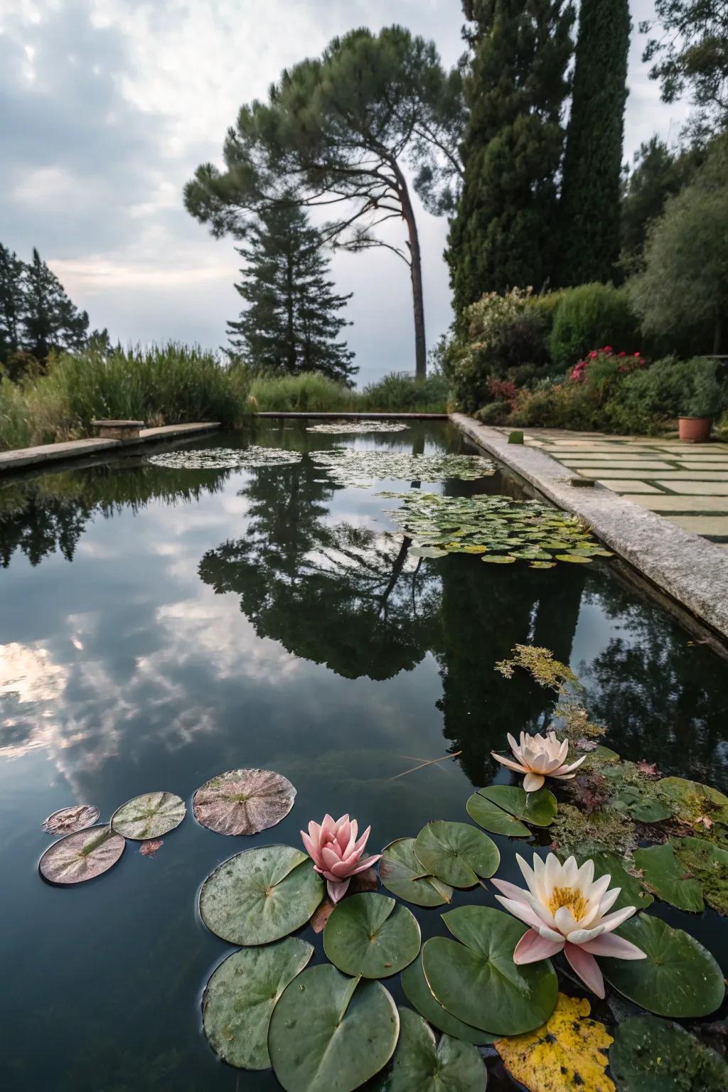 A pool pond displaying beautiful drifting flora.