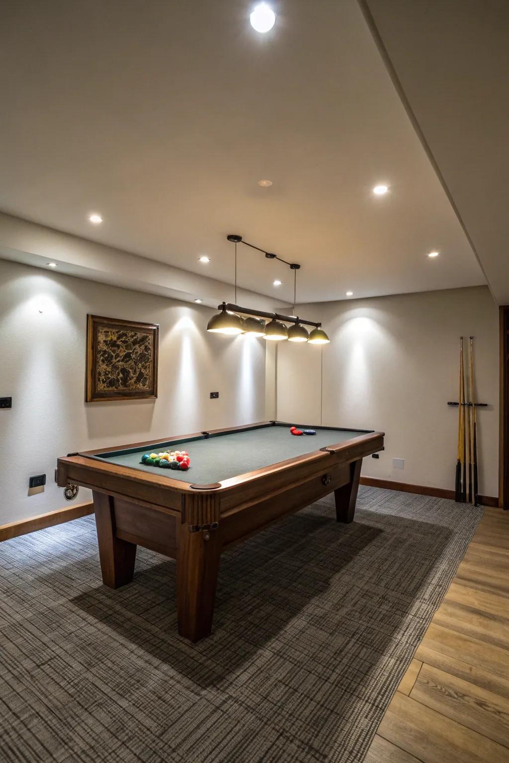 Set-back lighting furnishes a polished and unobtrusive illumination within a compact room.