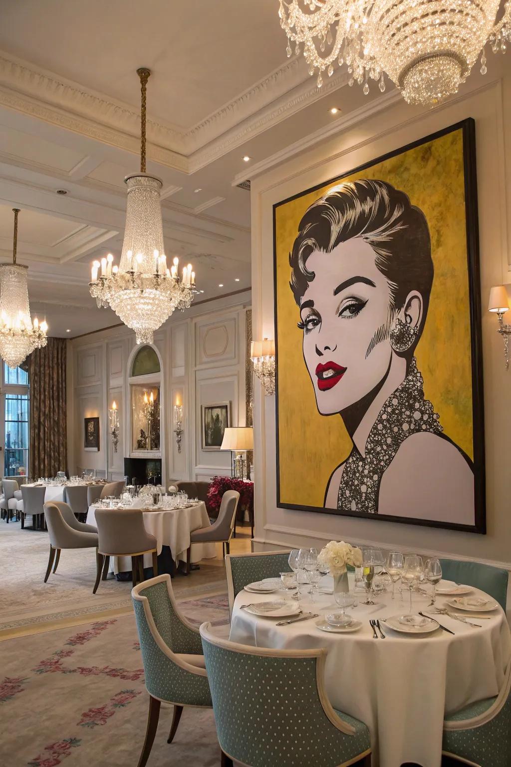 A glamorous pop art painting of a fashion icon graces the dining room.