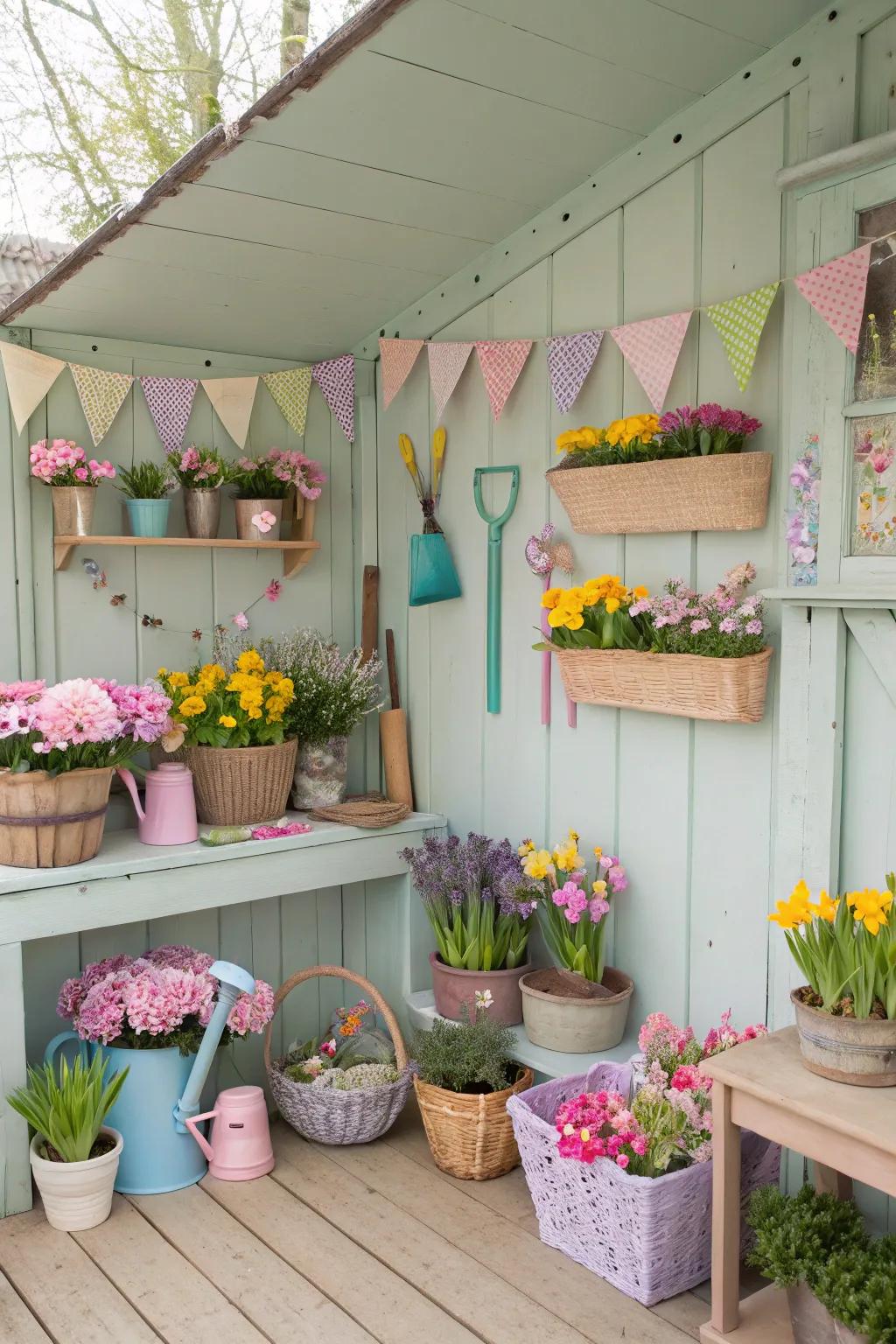 A potting shed with seasonal decor changes.