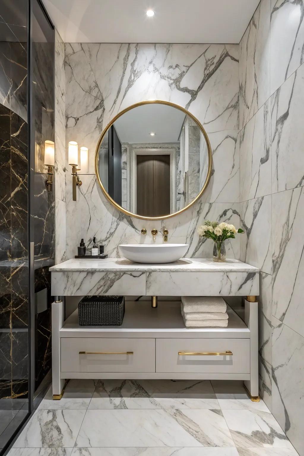 Dramatic marble tiling crafts an unforgettable design statement.