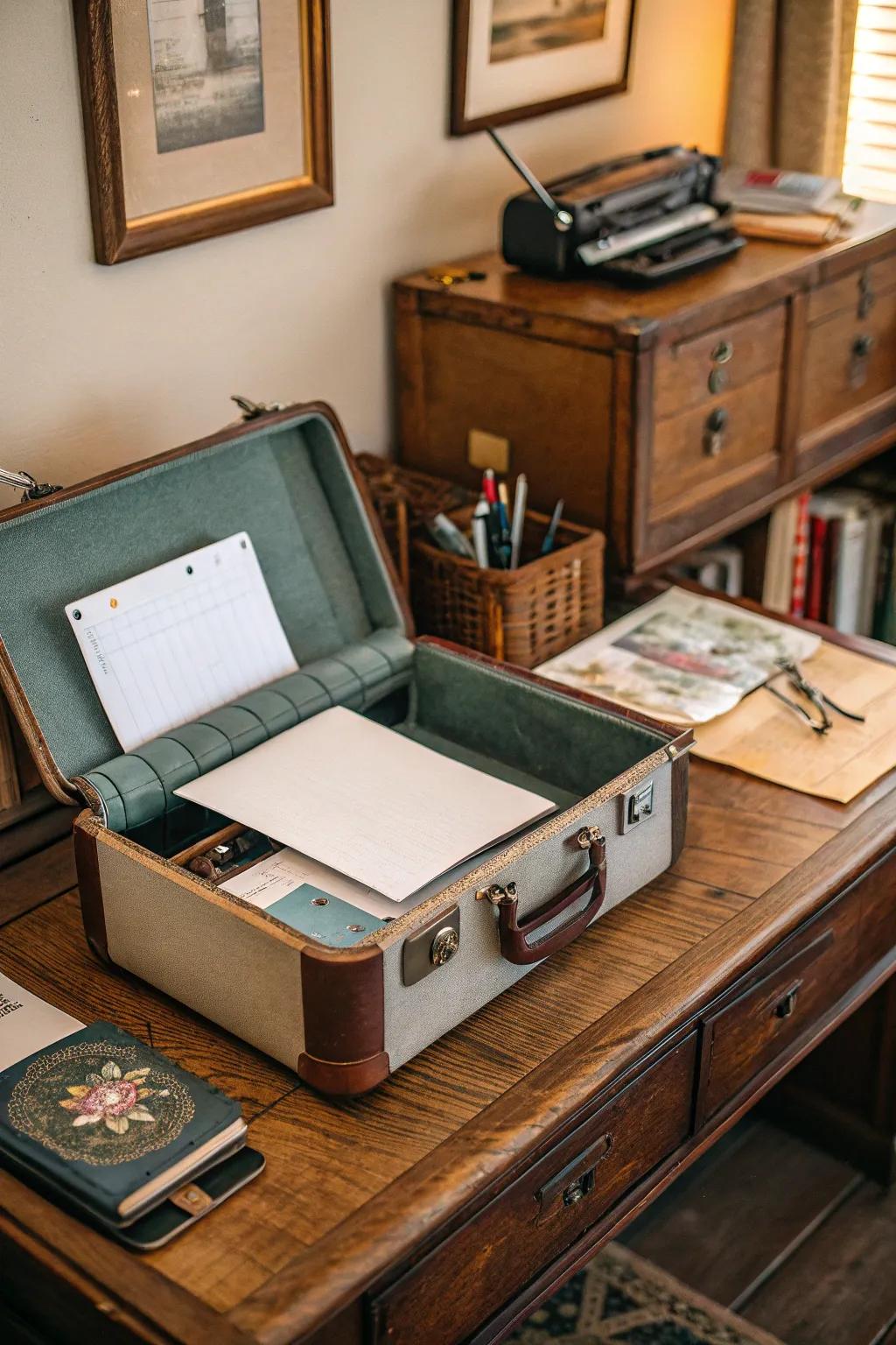 Vintage suitcase for a charming and unique paper storage option.
