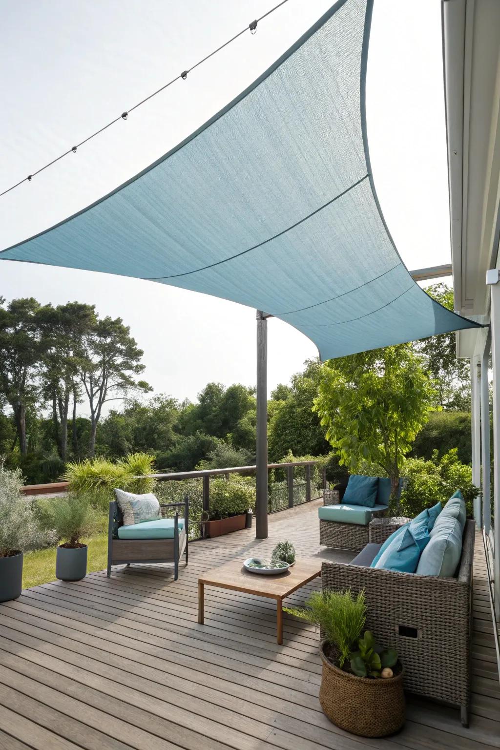 A chic shade sail delivers overhead solitude and aesthetic on a deck.