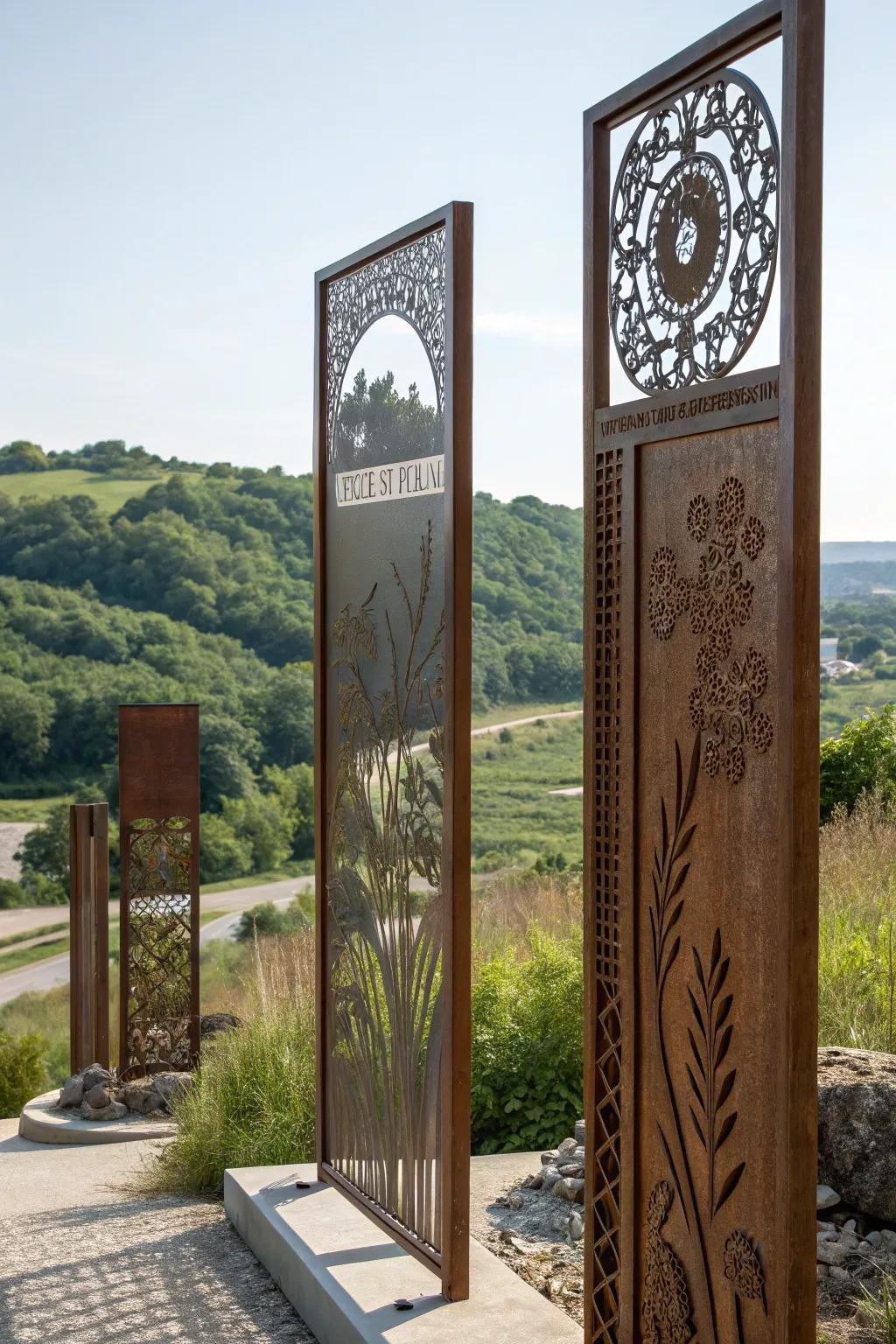 Intricately designed metal panels creating an artistic property line.