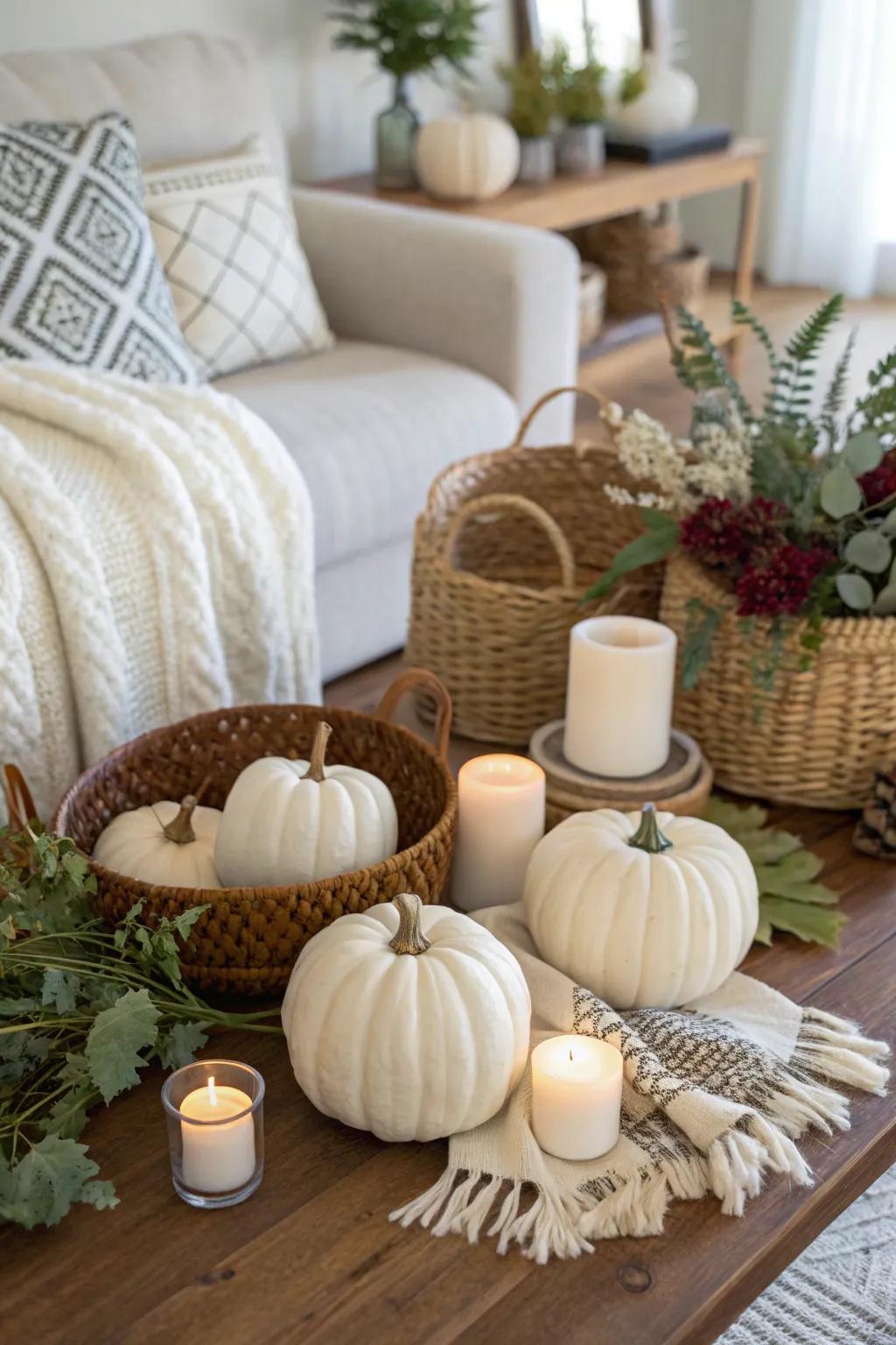 Bohemian sophistication incorporating alabaster pumpkins and neutral undertones.