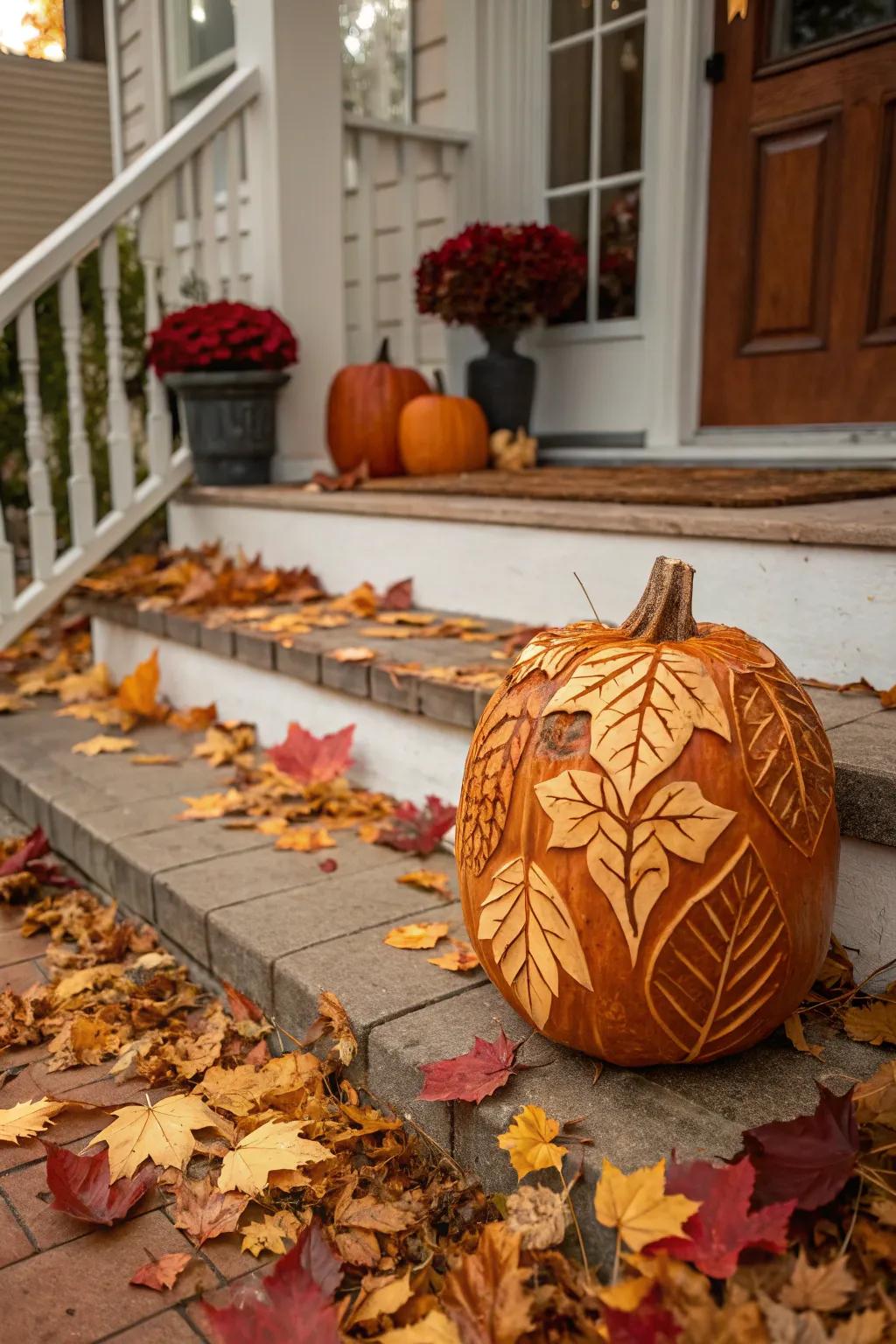 Seasonal leaf-patterned pumpkin representing fall's spirit.