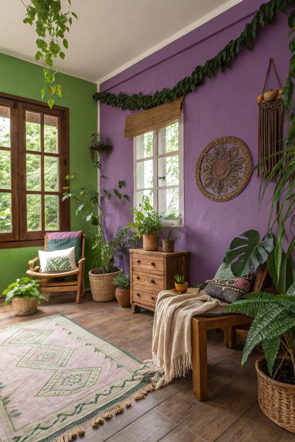 A room harmoniously combining purple and green hues.
