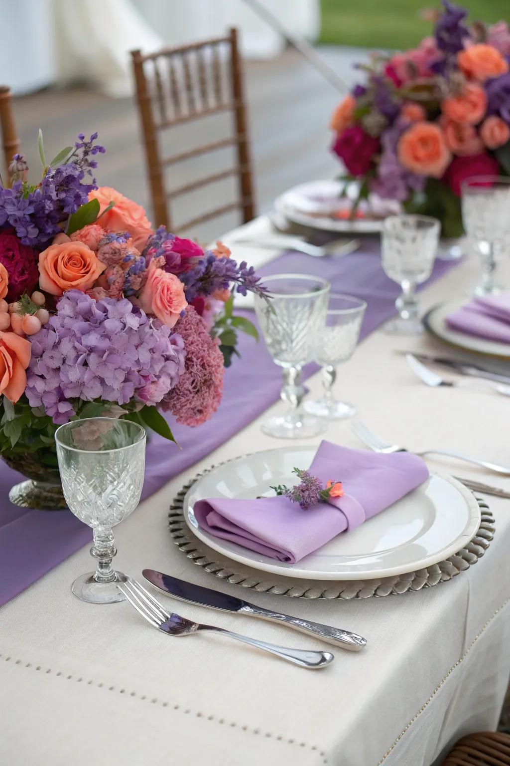 Violet and coral details bring vibrancy and freshness to the decor.