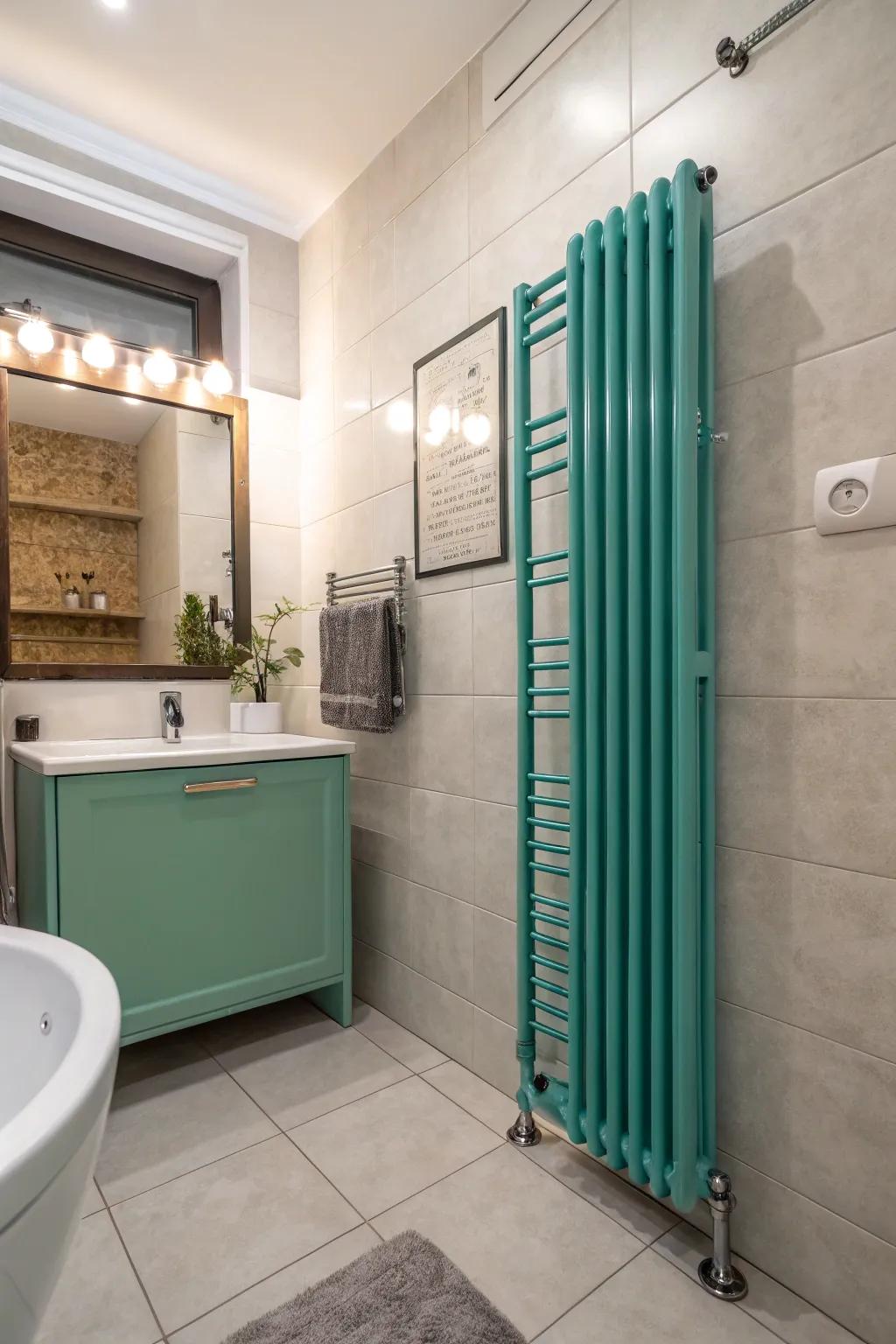 Teal radiators offer cool tranquility.