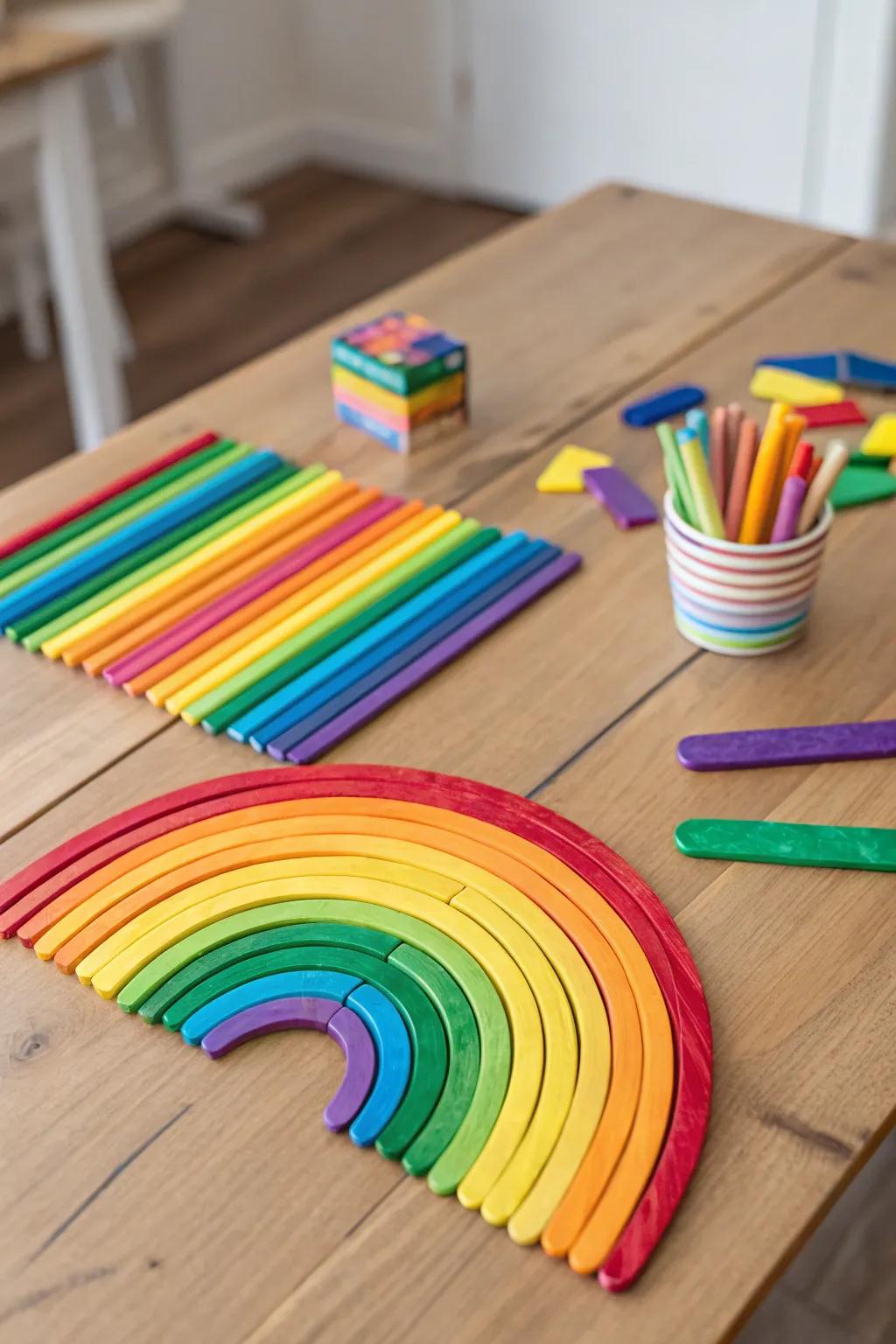 A colorful craft stick puzzle waiting to be solved.