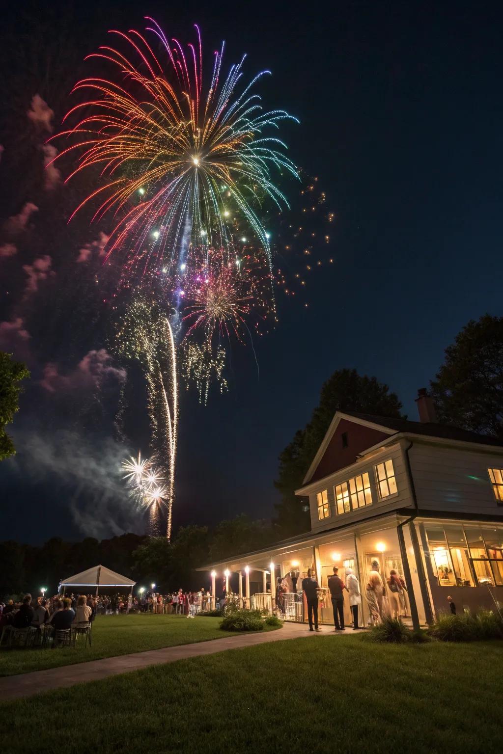 A wedding night sky illuminated with stunning rainbow pyrotechnics.