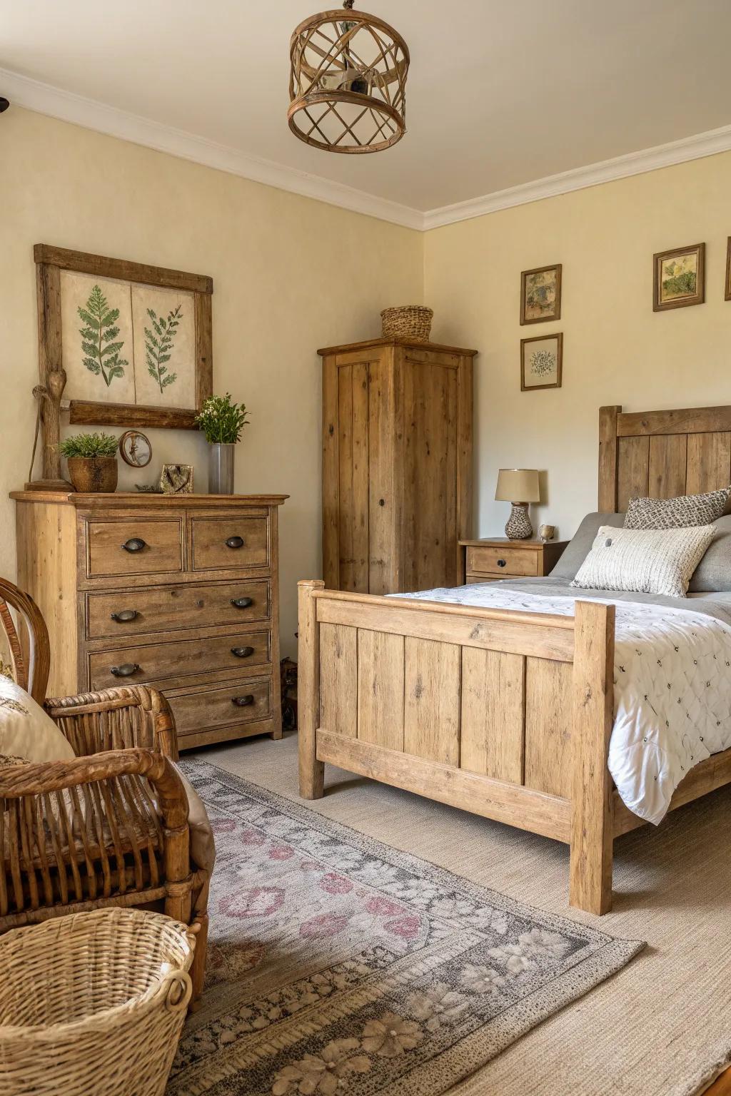 A country bedroom featuring repurposed wood furnishings.