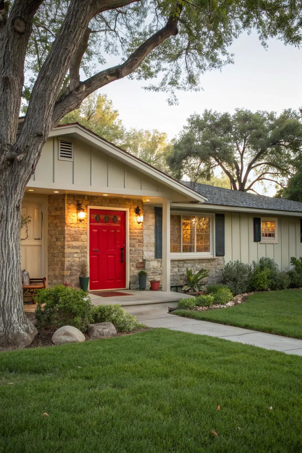 A crimson portal makes a bold, welcoming statement.