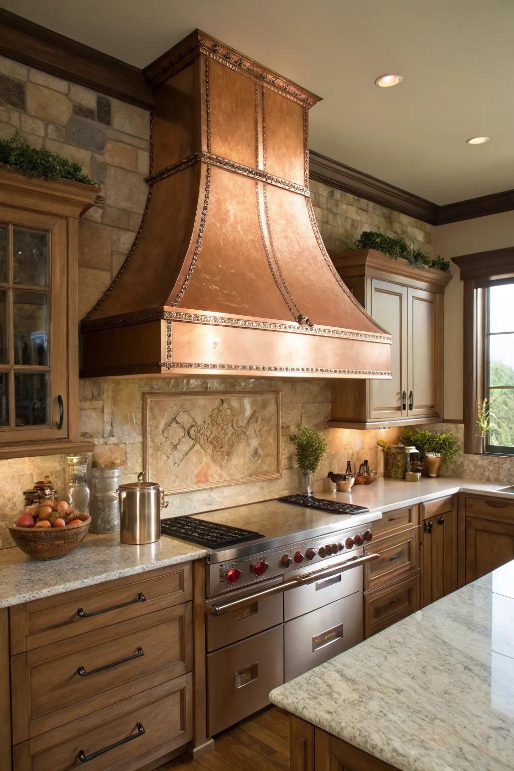 Copper range hood adds warmth and rustic charm.