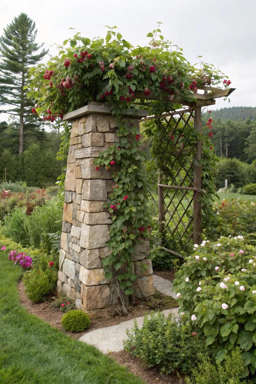 A rock base trellis furnishes a stable and attractive garden feature.
