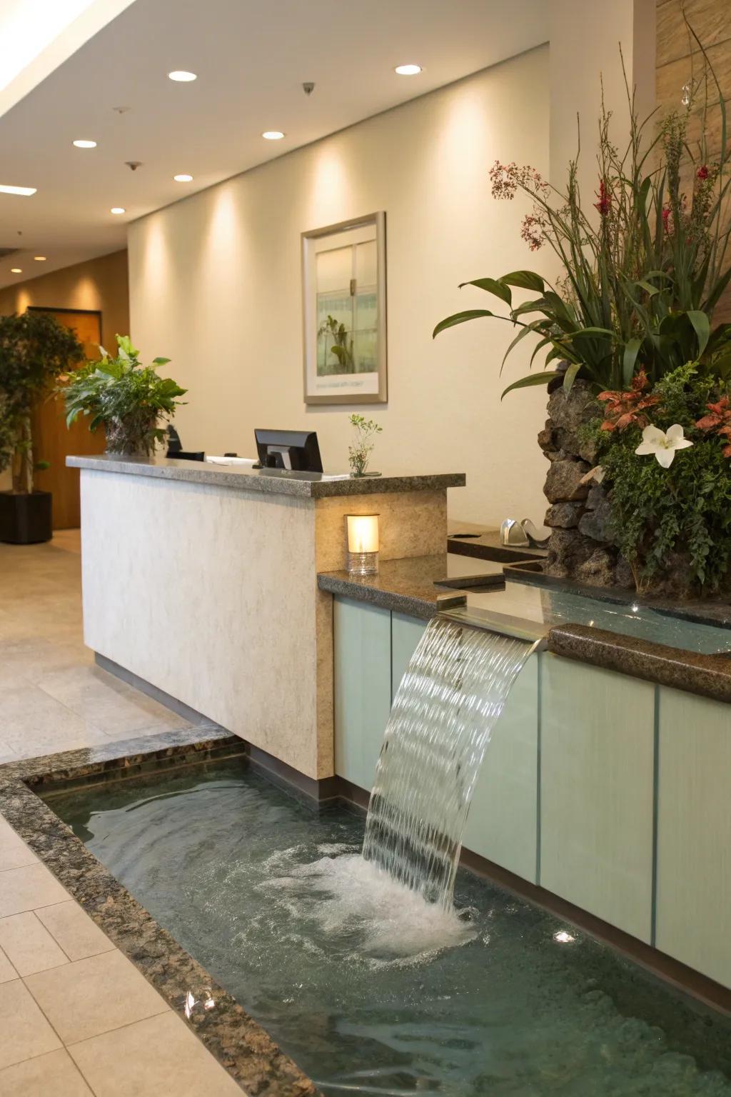 A serene reception area enhanced by a water feature.