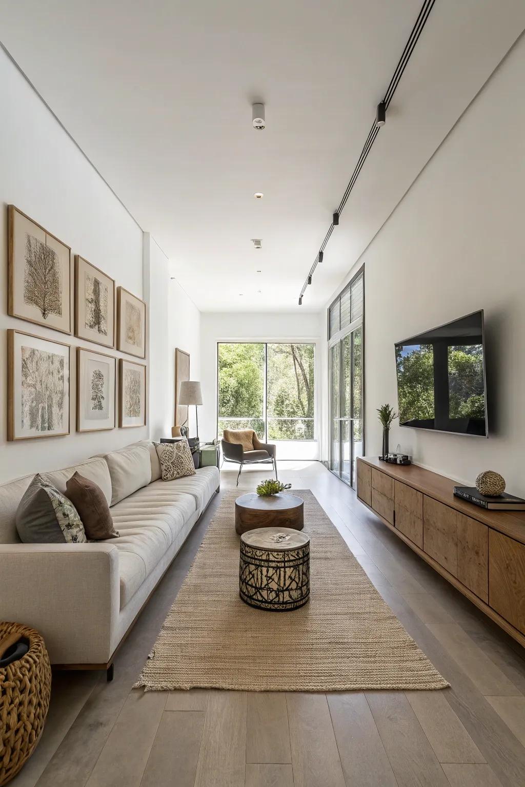 Minimalist decor keeps the slim area feeling open and uncluttered.