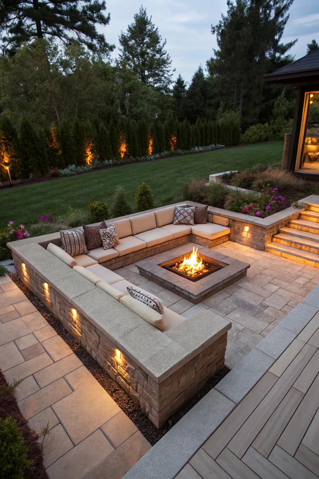 A sunken pit offers a cozy spot for conversations.