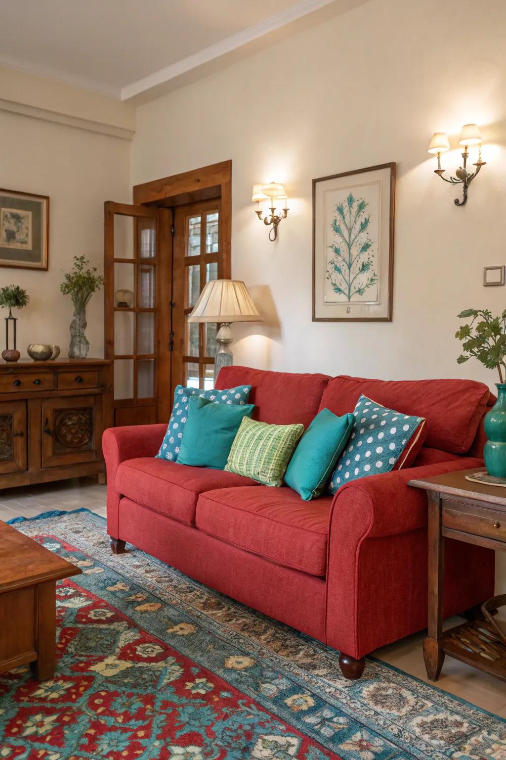 Harmonizing colors like blue and green balance rouge tones.