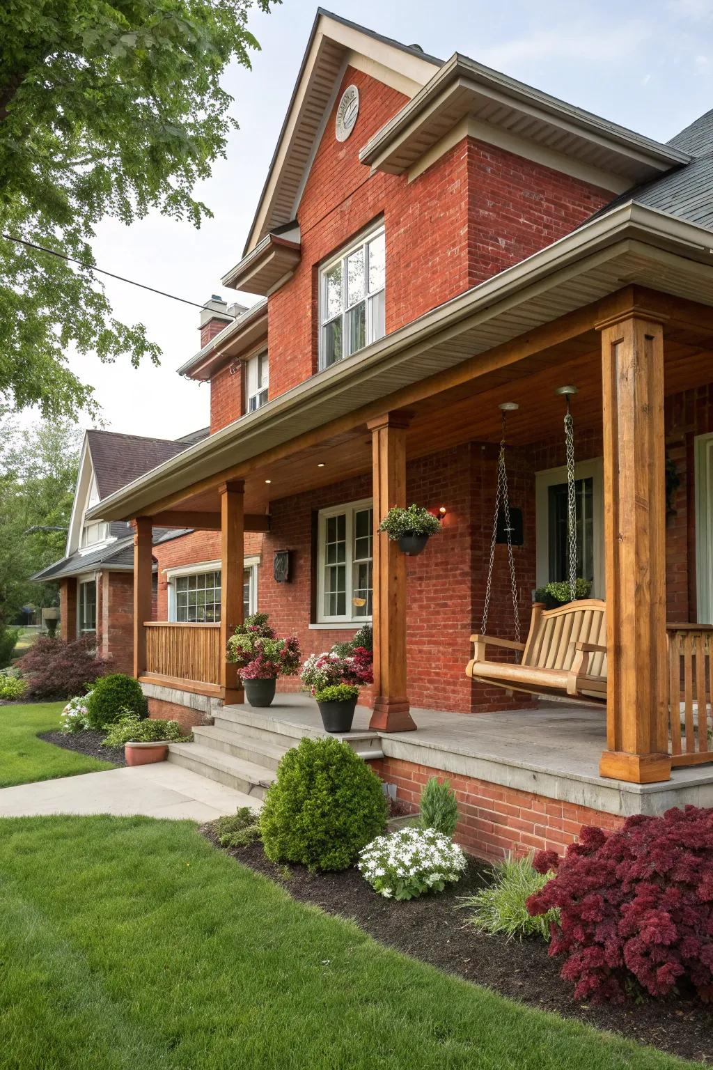 Wood accents add warmth to a red brick porch.