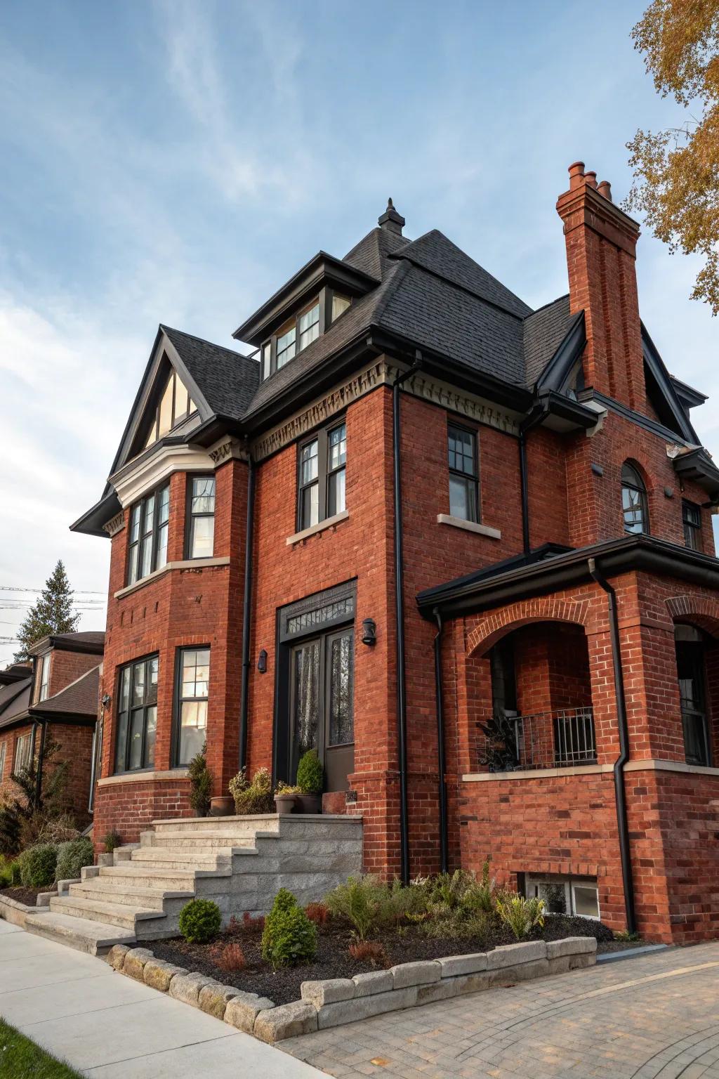 Ebon trim creates a dramatic and elegant contrast with crimson brick.