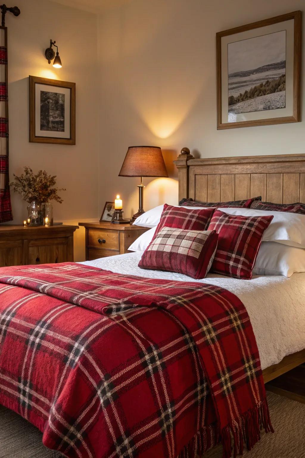 A cozy bedroom featuring celebratory red aspects.
