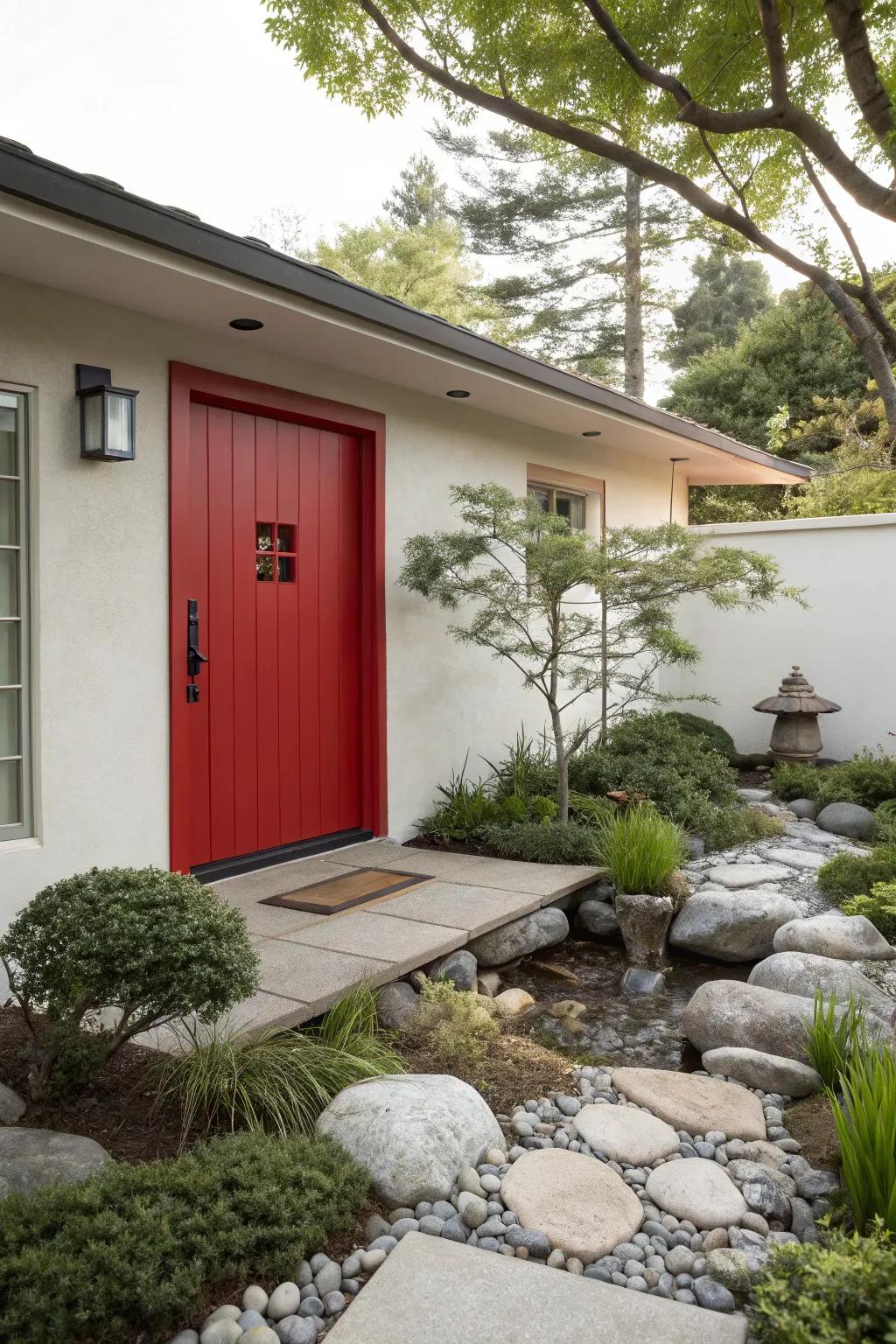 Zen home with a scarlet door, creating a tranquil yet vibrant entry.