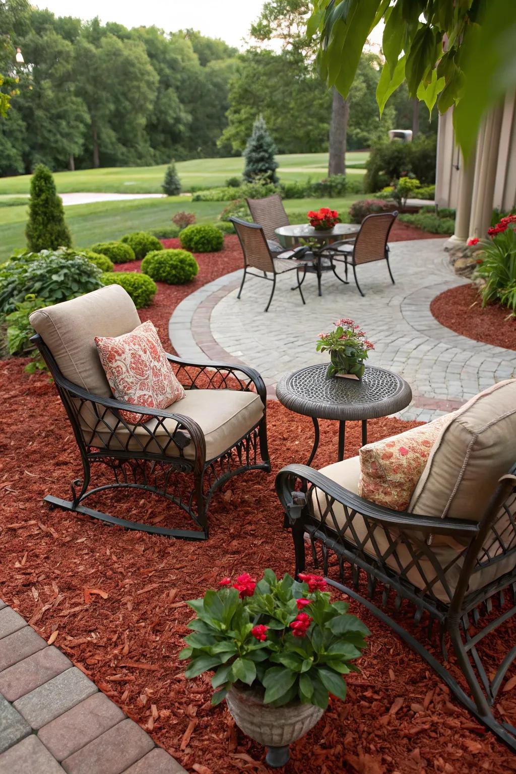 Garnet ground cover frames seating zones, delineating snug spots for relaxation.