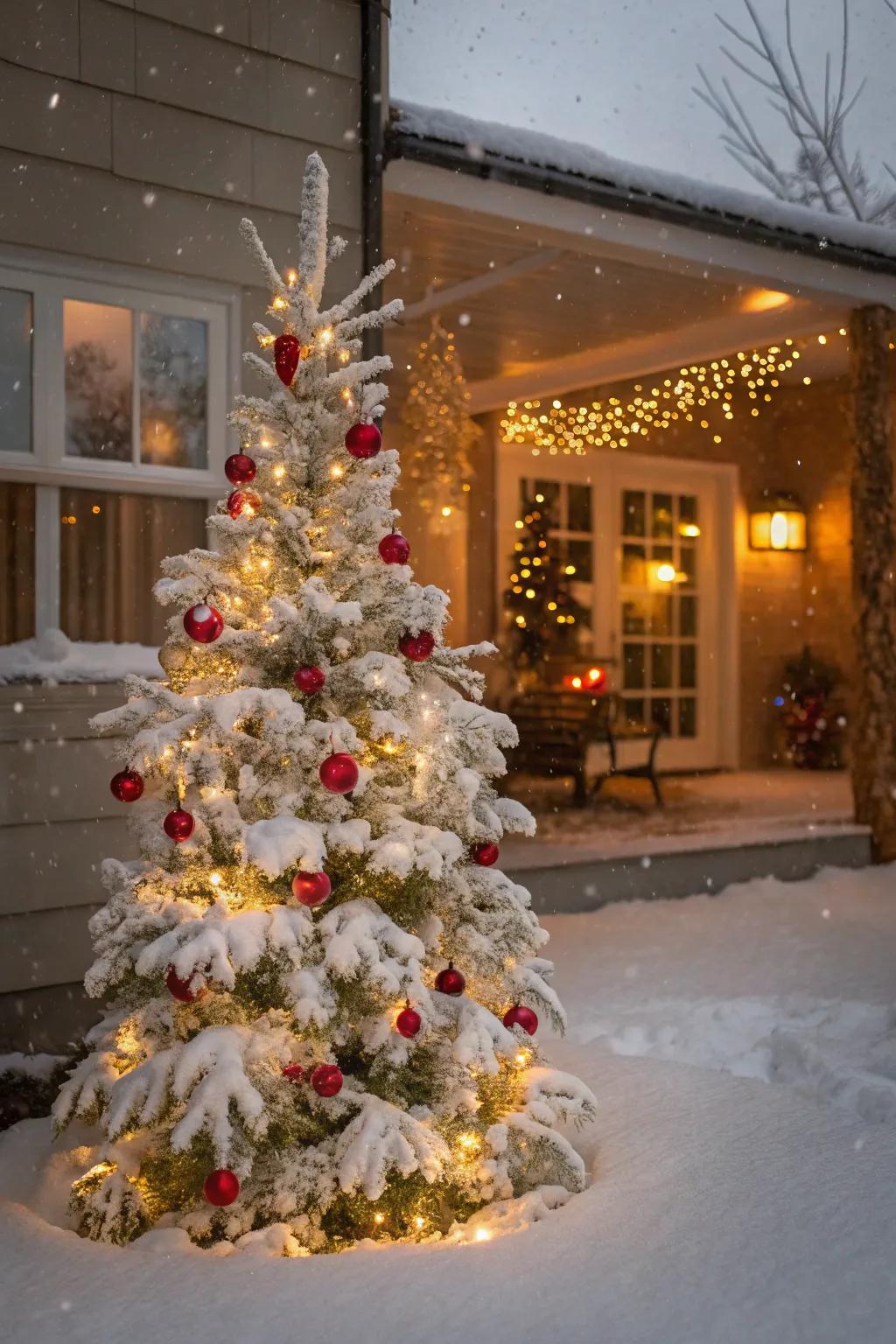 Snow-white flocking creates a magical snowy effect on the tree.