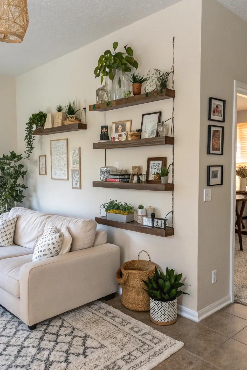 Add storage with adhesive strip shelves.