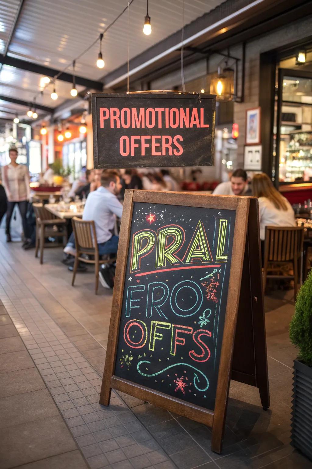 A chalkboard prominently showing promotional offers with bold lettering and vibrant colors.