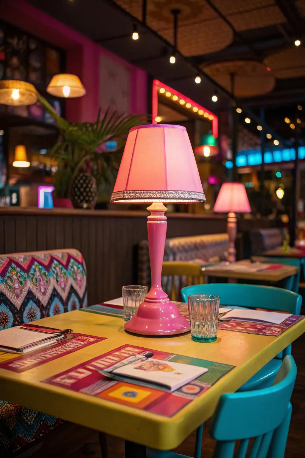A neon table lamp on a vibrant restaurant table with colorful decor.