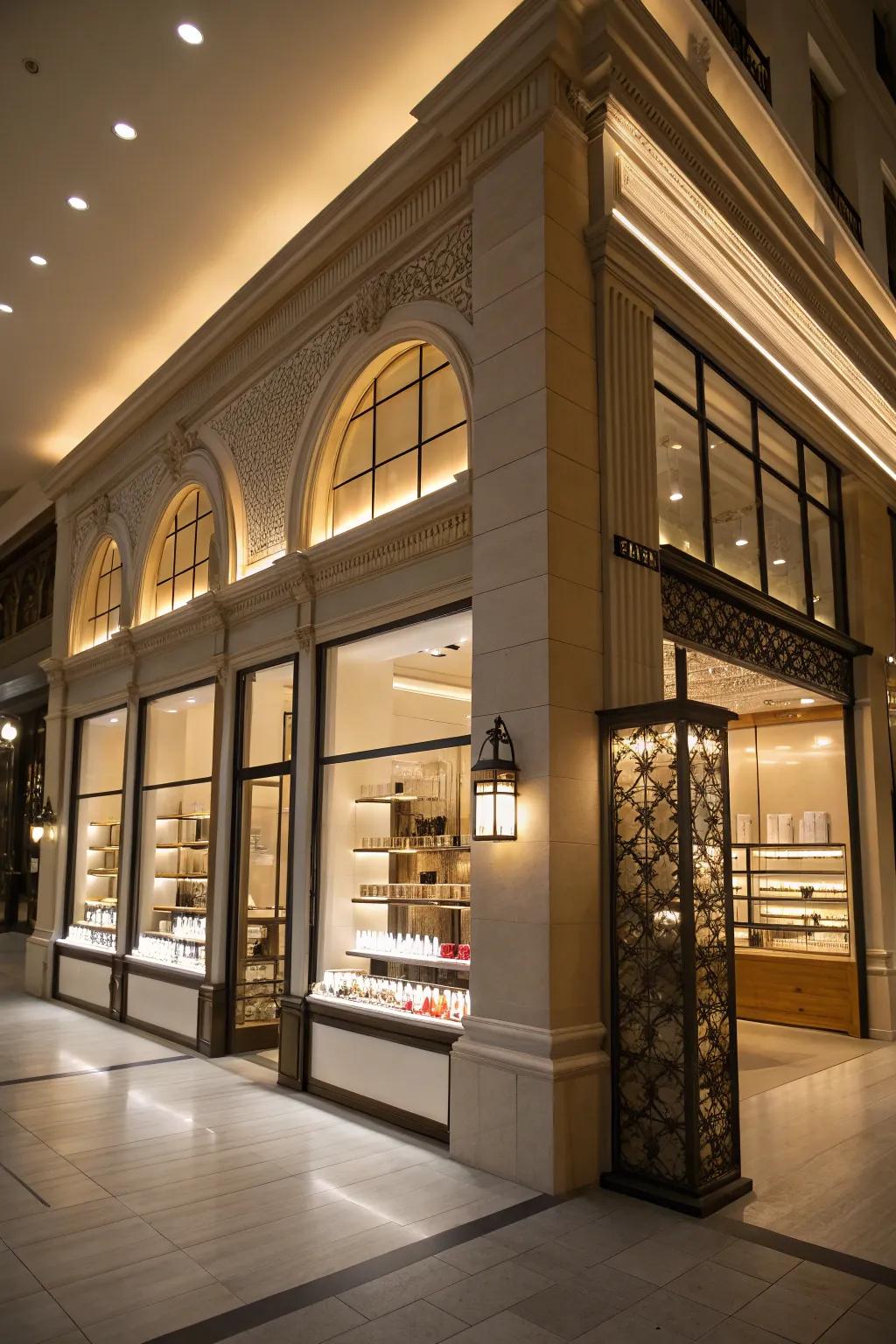 Uplighting adding drama and highlighting architectural components.