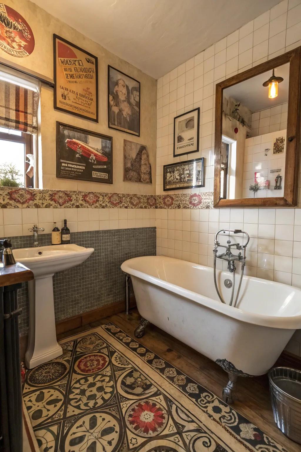Retro art pieces infuse personality and charm into your bathroom decor.
