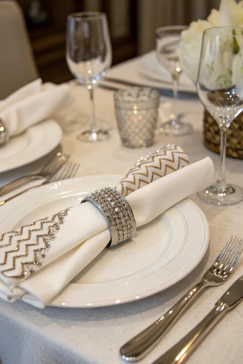 Chevron adhesive gems enhance eating sophistication.