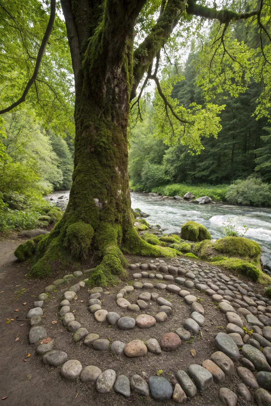 Smooth stones accentuate and protect the base of this tree, adding elegance to the landscape.