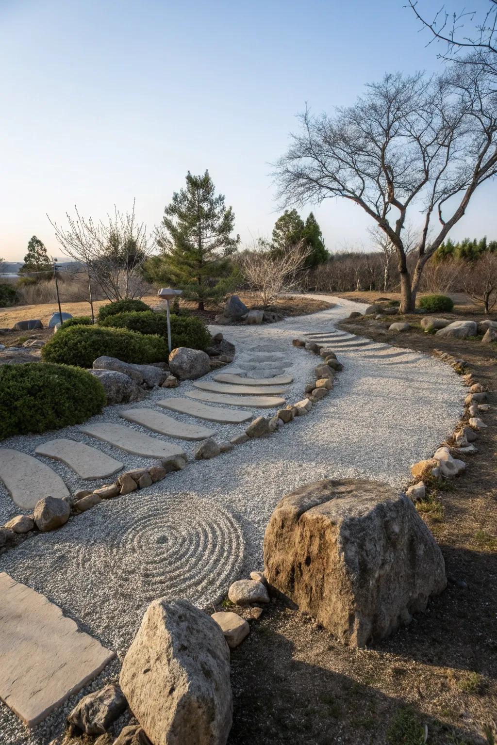 Winding paths invite exploration in a rock garden.