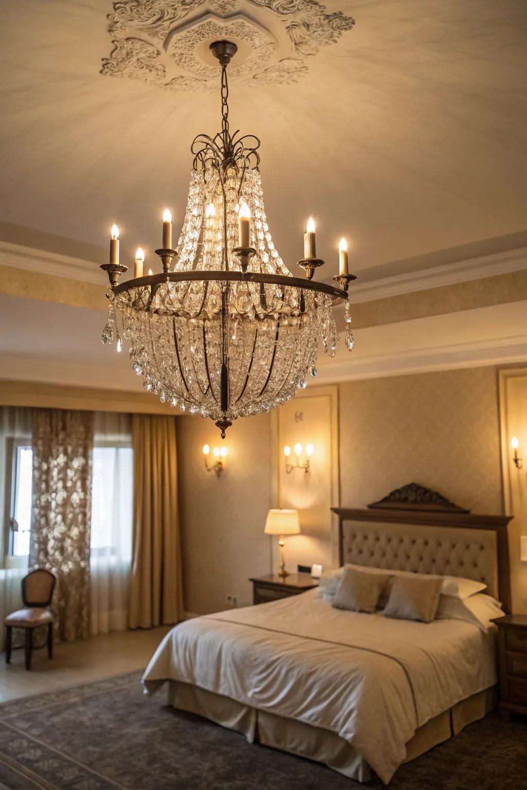 A decorative light adds elegance and sparkle to the bedroom.