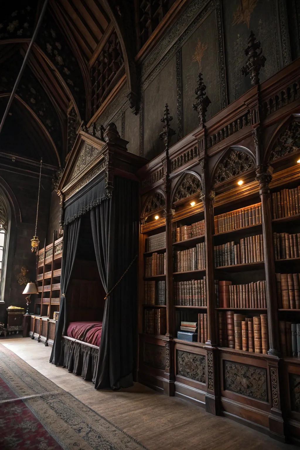 A scholarly nook with dark shelving units adds literary charm to the room.