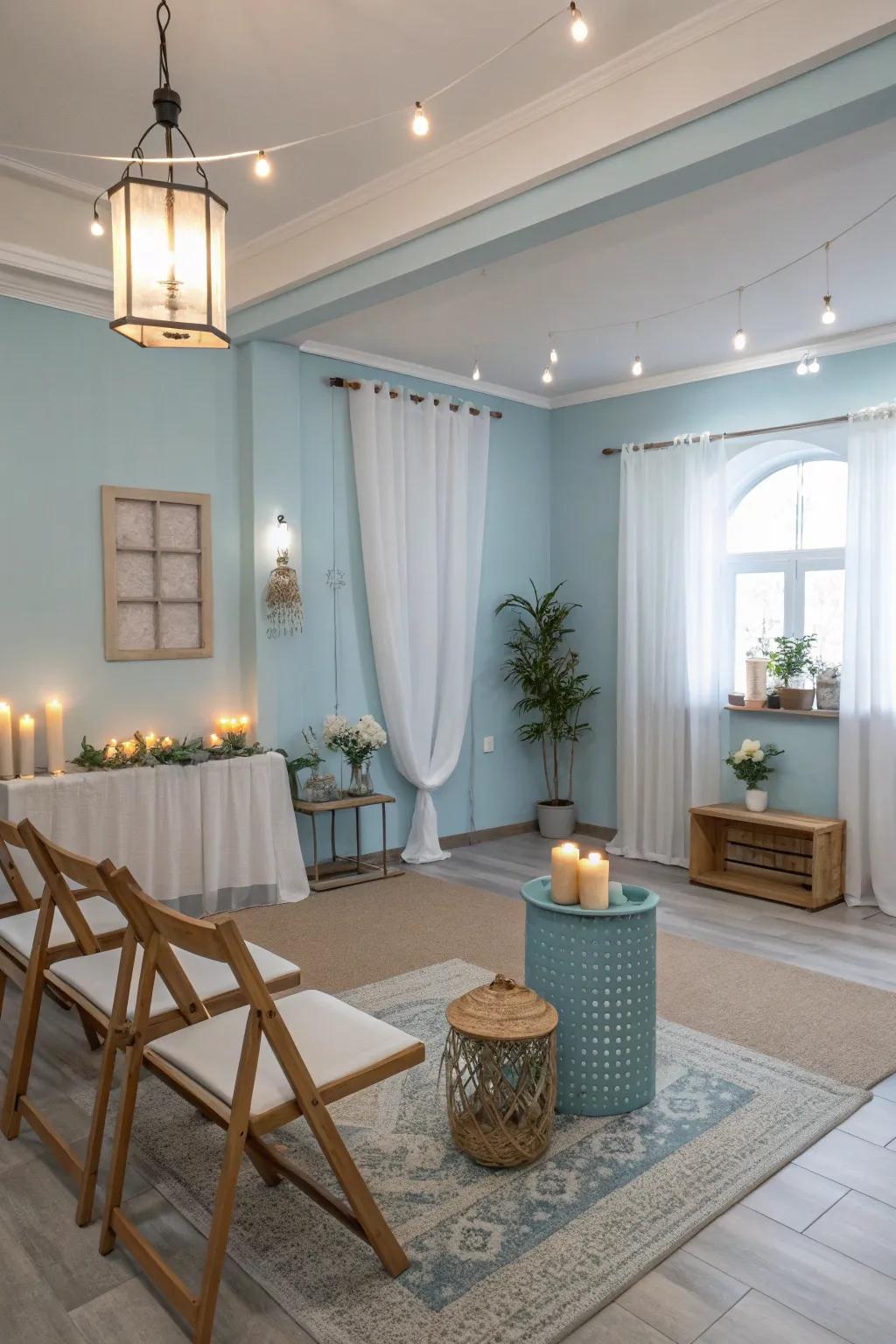 Pale blues furnish a laid-back and airy ambiance.