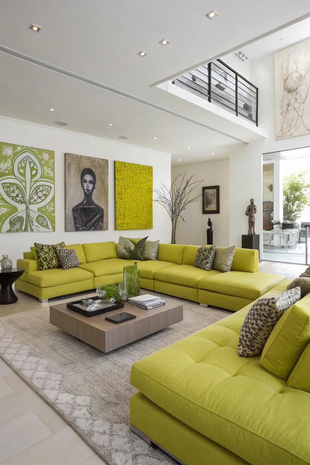 A modern living room with bright chartreuse accents and lively energy.