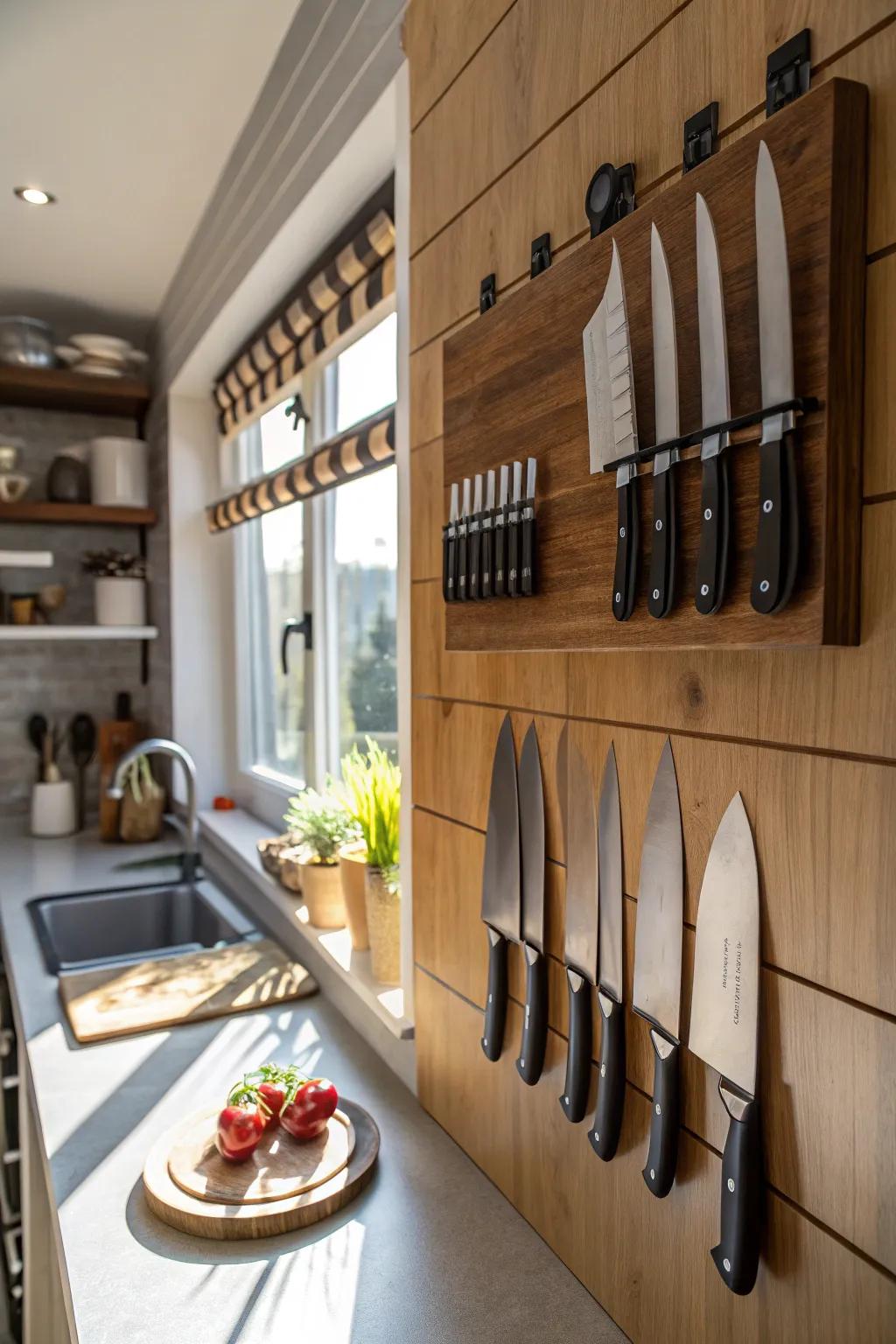 A magnetic knife bar offers style and function in the kitchen.